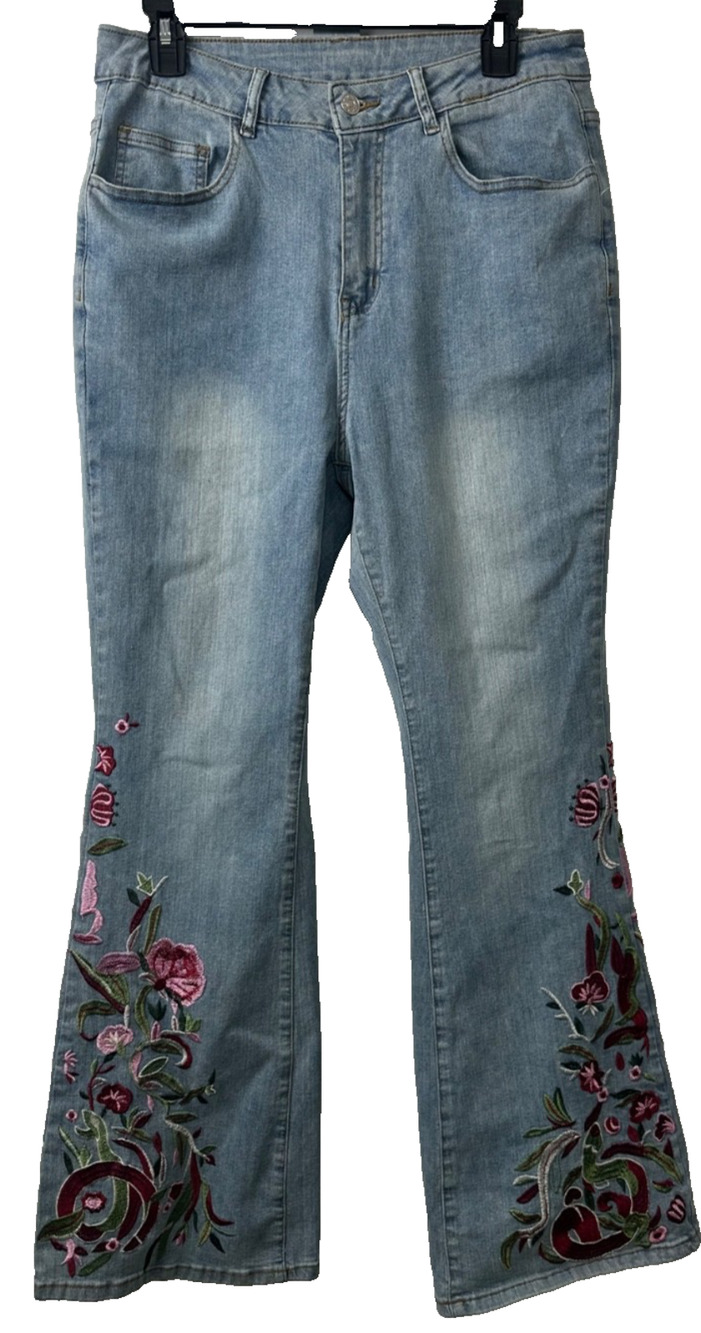 Romwe Floral Wide Leg Jeans Size 0XL Embroidered Boho Hippie Stretch Flare D18